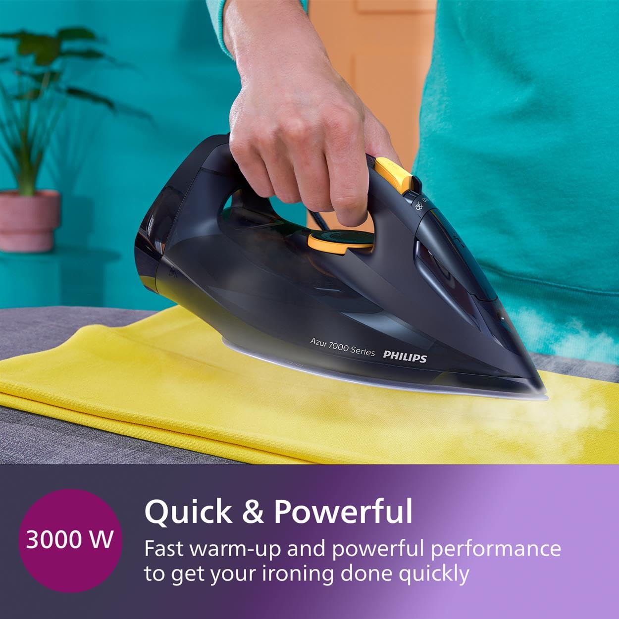 Philips 7000 Series Steam Iron, Powerful 3000W, 50g/min Steam, 250g Steam Boost, SteamGlide Elite Soleplate for Smooth Gliding, Blue/Yellow