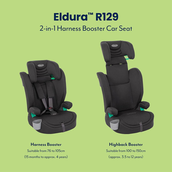 Graco Eldura R129 Harness Booster (76-145cm - 15 Months to Approx. 12 Years). Harness mode from 15 months to approx. 4 Yrs (76-105cm), Highback mode from approx. 3.5 to 12 yrs (105-145cm), Midnight