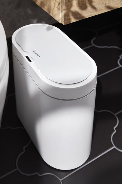 ELPHECO Bathroom Trash Bin with Lid, 2.5 Gallon Waterproof Motion Sensor, 9.5 Litres Slim Plastic Narrow Bedroom Trash Can, Small, White