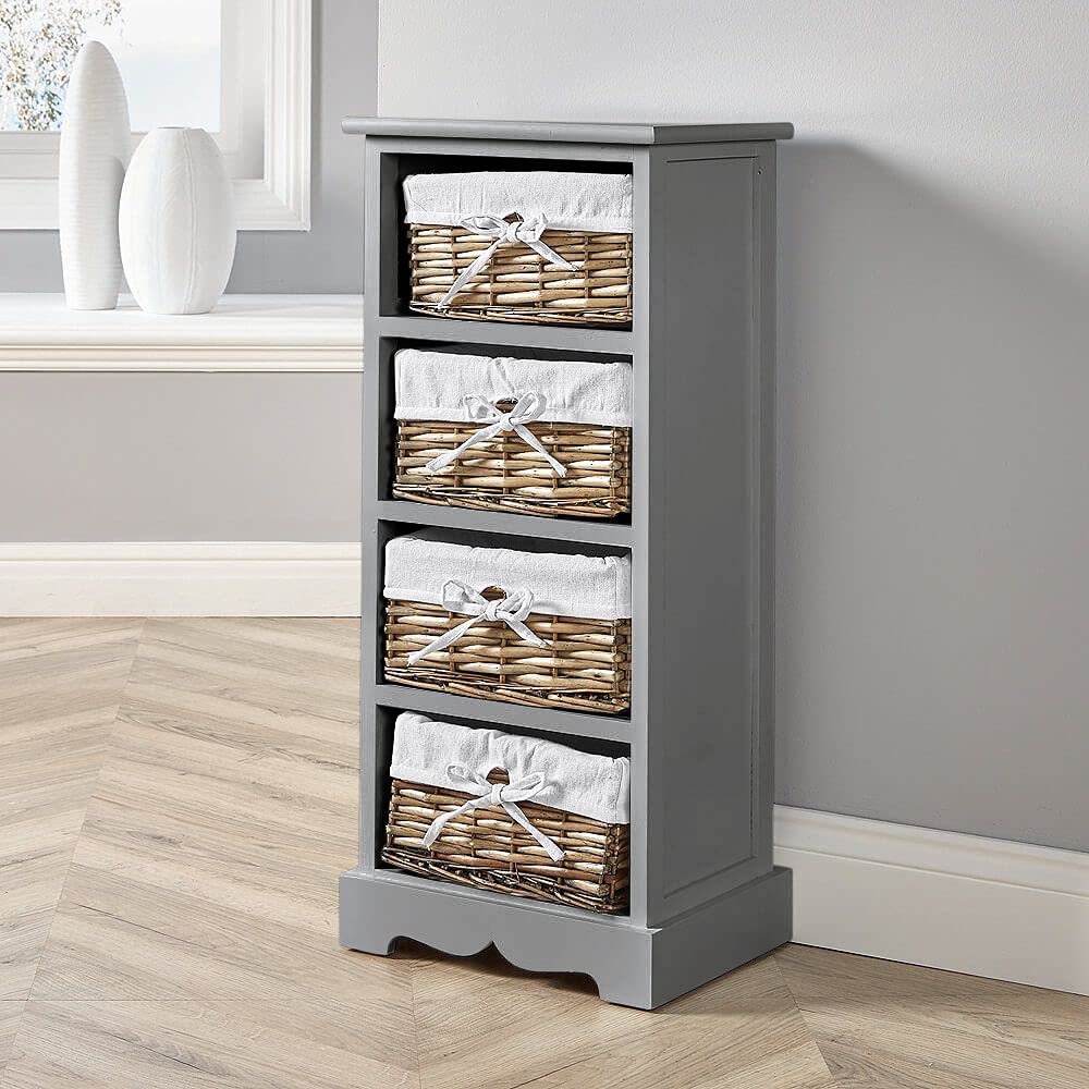 Home Source Bedroom Wooden Storage Unit, Woven Willow Wicker Baskets, 4 Drawer Cabinet Chest, Grey