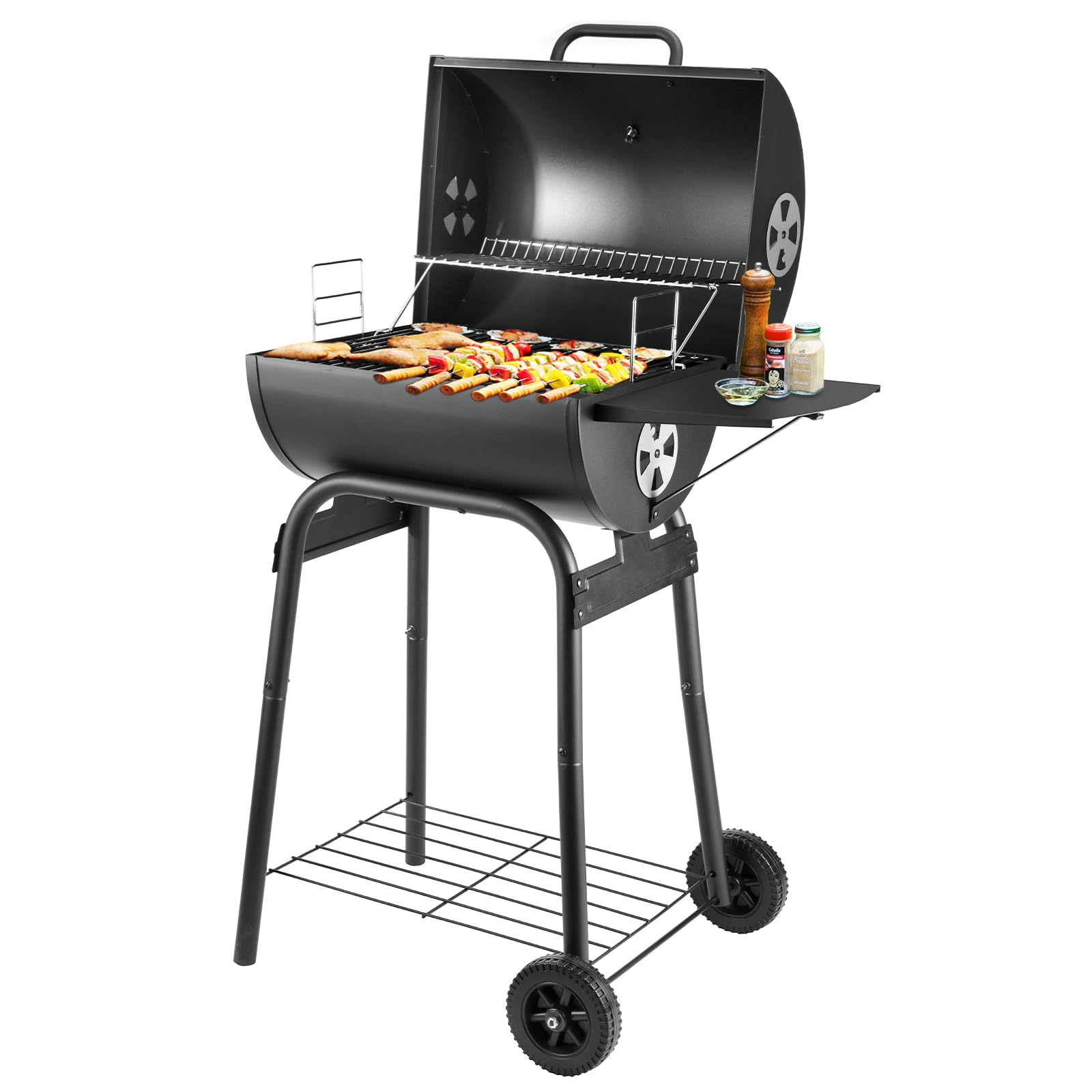 Charcoal BBQ Grill Smoker with Side Shelves, Portable Barrel Barbecue Grill Outdoor with Temperature Gauge, Warming Rack, Stainless Steel Racks, and Air Vents for Camping and Garden