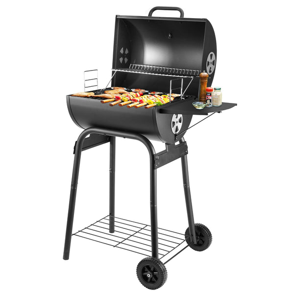 Charcoal BBQ Grill Smoker with Side Shelves, Portable Barrel Barbecue Grill Outdoor with Temperature Gauge, Warming Rack, Stainless Steel Racks, and Air Vents for Camping and Garden