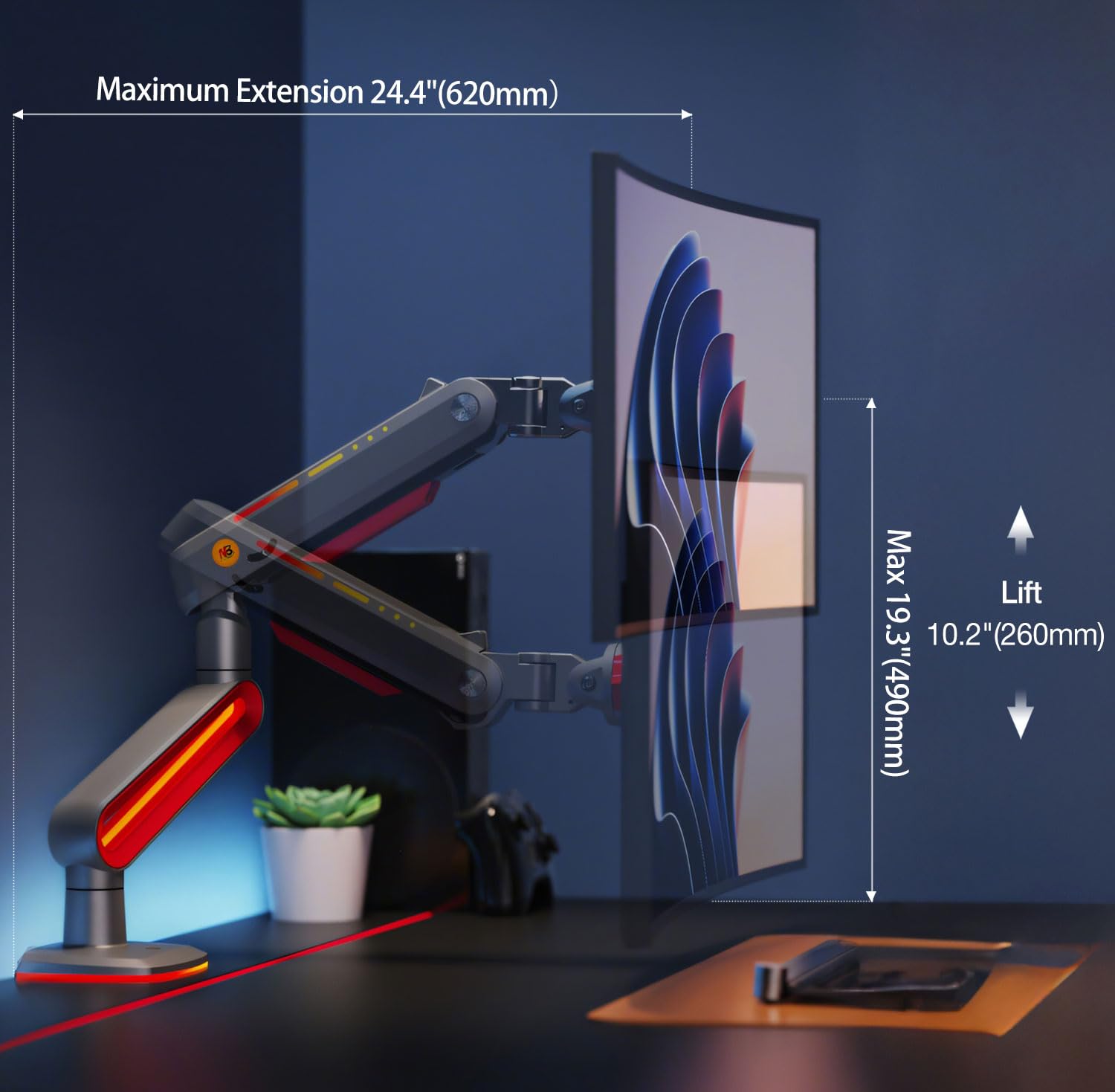 NB Ergonomic Monitor Stand for Screen 32 to 60 inch, RGB Ultrawide Curved Monitor Arm 49 57 inch - Load up to 20 kg, VESA 75 & 100 mm (Black)