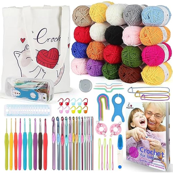 Aeelike Crochet Kit, Complete Crochet Starter Kits for Beginners Adults with Instructions Book, 20x25g Yarn, Ergonomic Crochet Hooks, Tote Bag & More