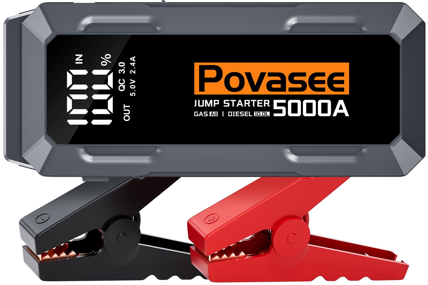 Povasee Jump Starter Power Pack, 2000A Car Battery Booster Jump Starter (up to 8L Gas or 6.5L Diesel) with 3" LCD Display, Car Starter with 2 USB Ports, Jump Leads and LED, Jump Pack for 12V Vehicles