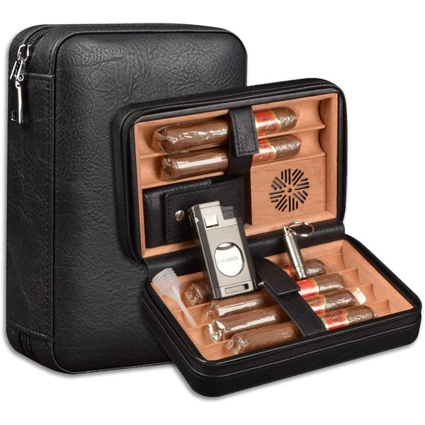 6-Finger Cigar Travel Humidor Cigar Case with Triple Flame Cigar Lighter, Leather Cigar Box with Round Humidifier, Cigar Punch and Dropper, Cedar Wood Humidor Cigar Box Gift Box Storage Box（Black）