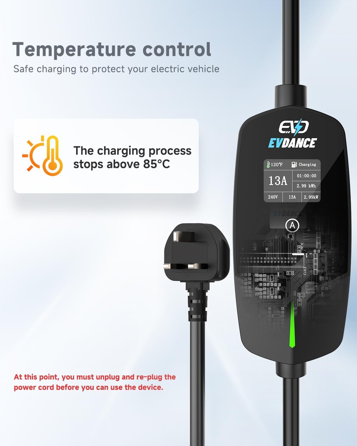 EVDANCE EV Charger Cable Type 2 to 3 Pin Plug 20ft/6.1m [6/8/10/13A] Current Adjustable Portable Electric Car Charger with 0-12h Time Delay, IP66, Type 2 Charging Cable for EV & PHEV, Black