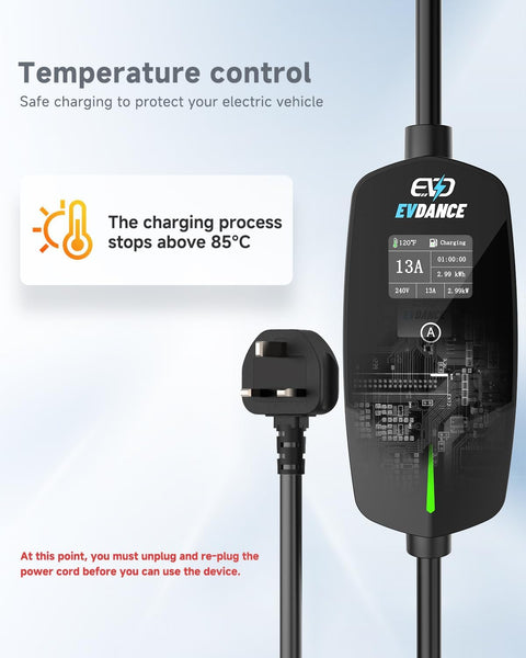 EVDANCE EV Charger Cable Type 2 to 3 Pin Plug 20ft/6.1m [6/8/10/13A] Current Adjustable Portable Electric Car Charger with 0-12h Time Delay, IP66, Type 2 Charging Cable for EV & PHEV, Black