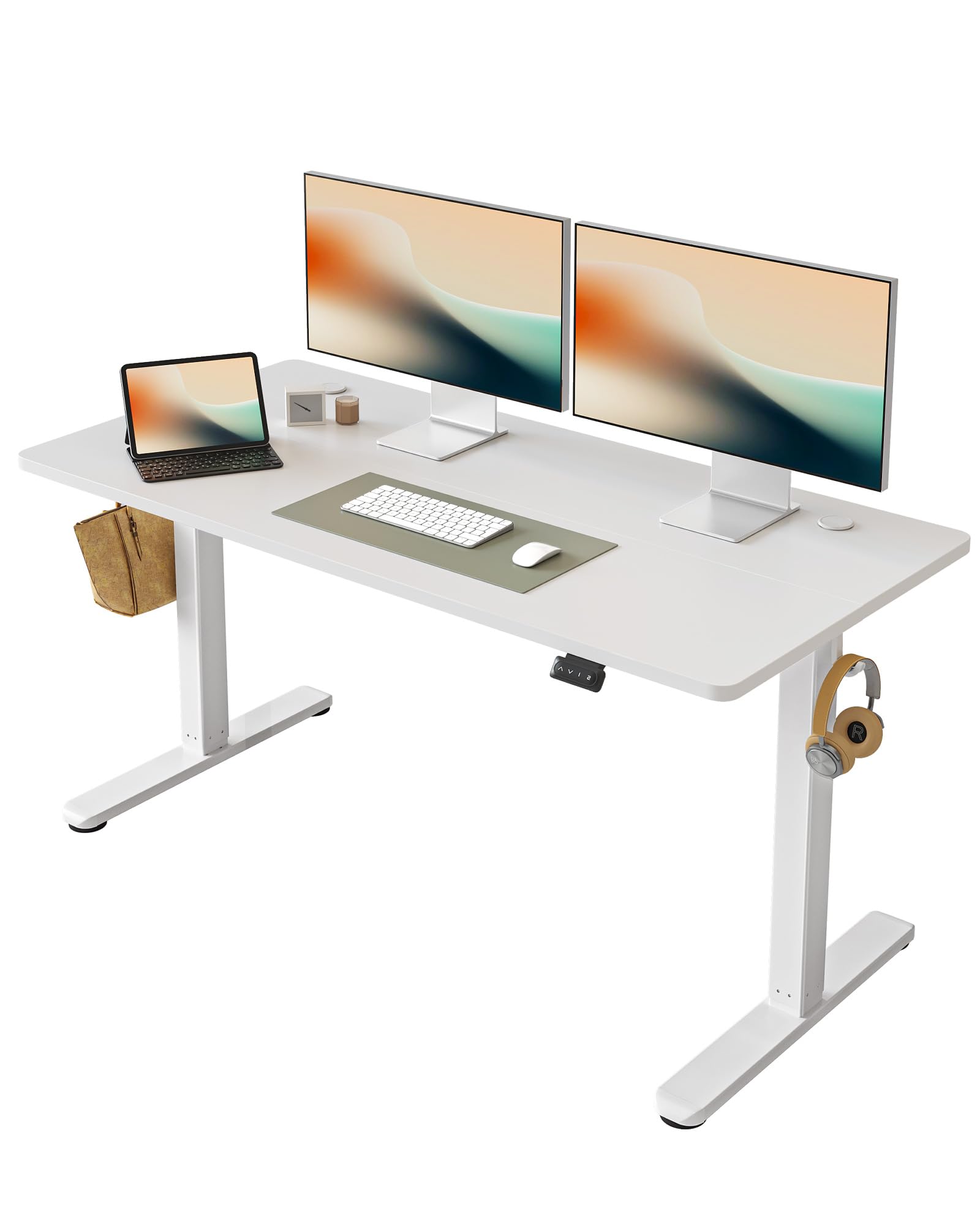 FEZIBO Height Adjustable Electric Standing Desk, 120 * 60 cm Stand up Table, Sit Stand Home Office Desk with Splice Board, White Frame/Maple Top