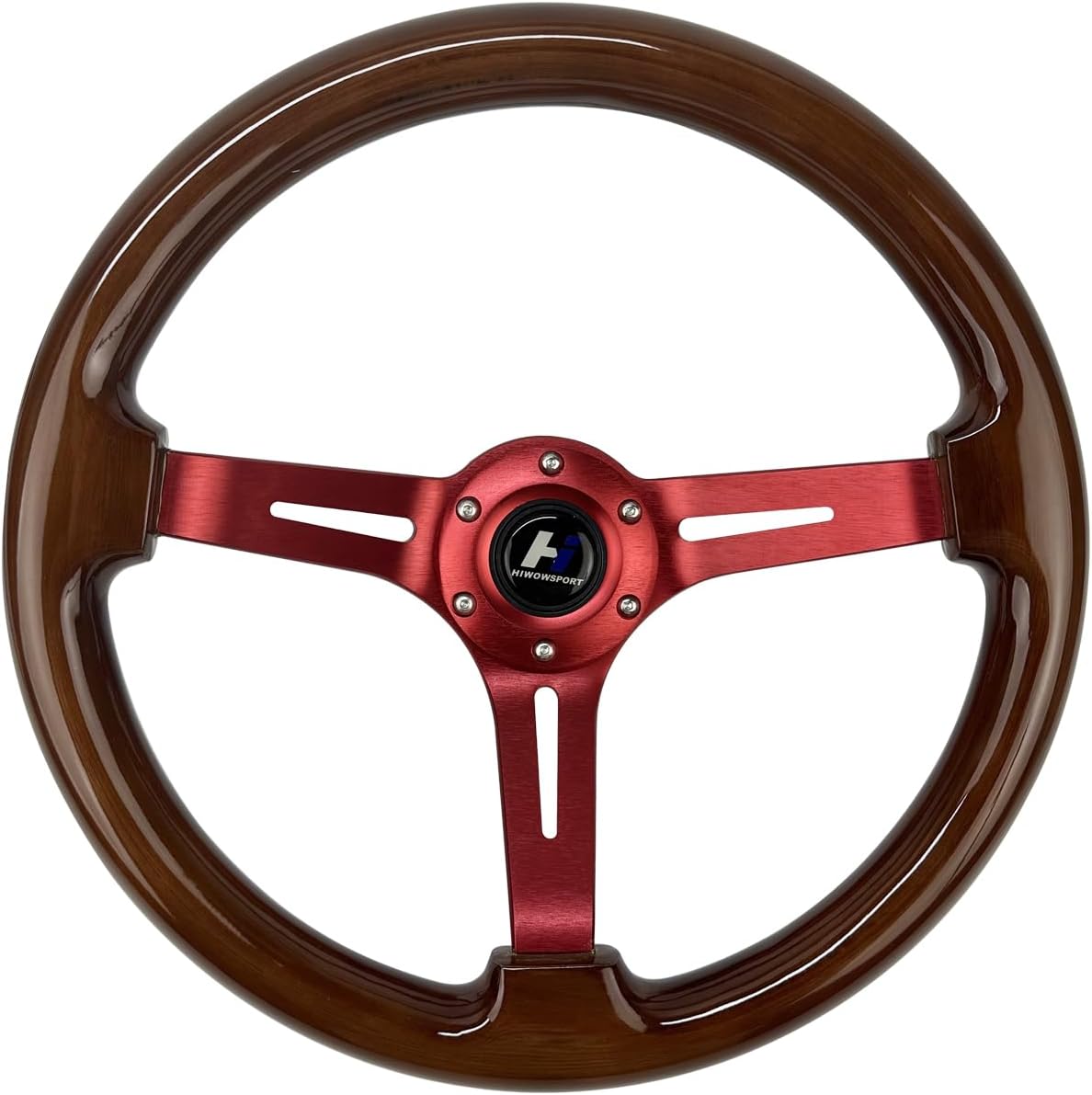 Hiracing 14" Universal Classic Wood Grain Steering Wheel Brushed 3 Spoke 1.5 Depth Steering Wheel with Horn Button 6 bolts (010)