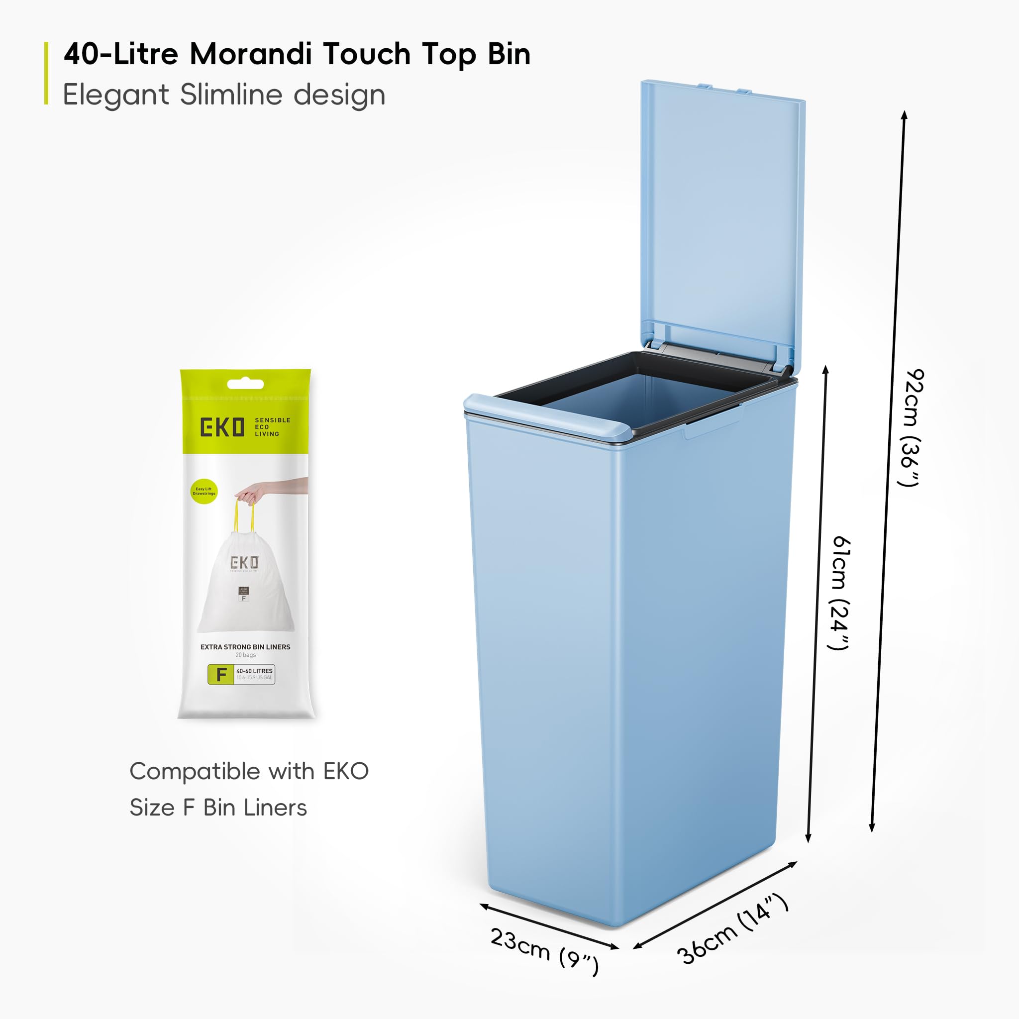 EKO Morandi Kitchen Bin, Touch Recycling Bin, Perfect for Kitchen & Home, Titanium Blue Plastic Bin, 40 Litre