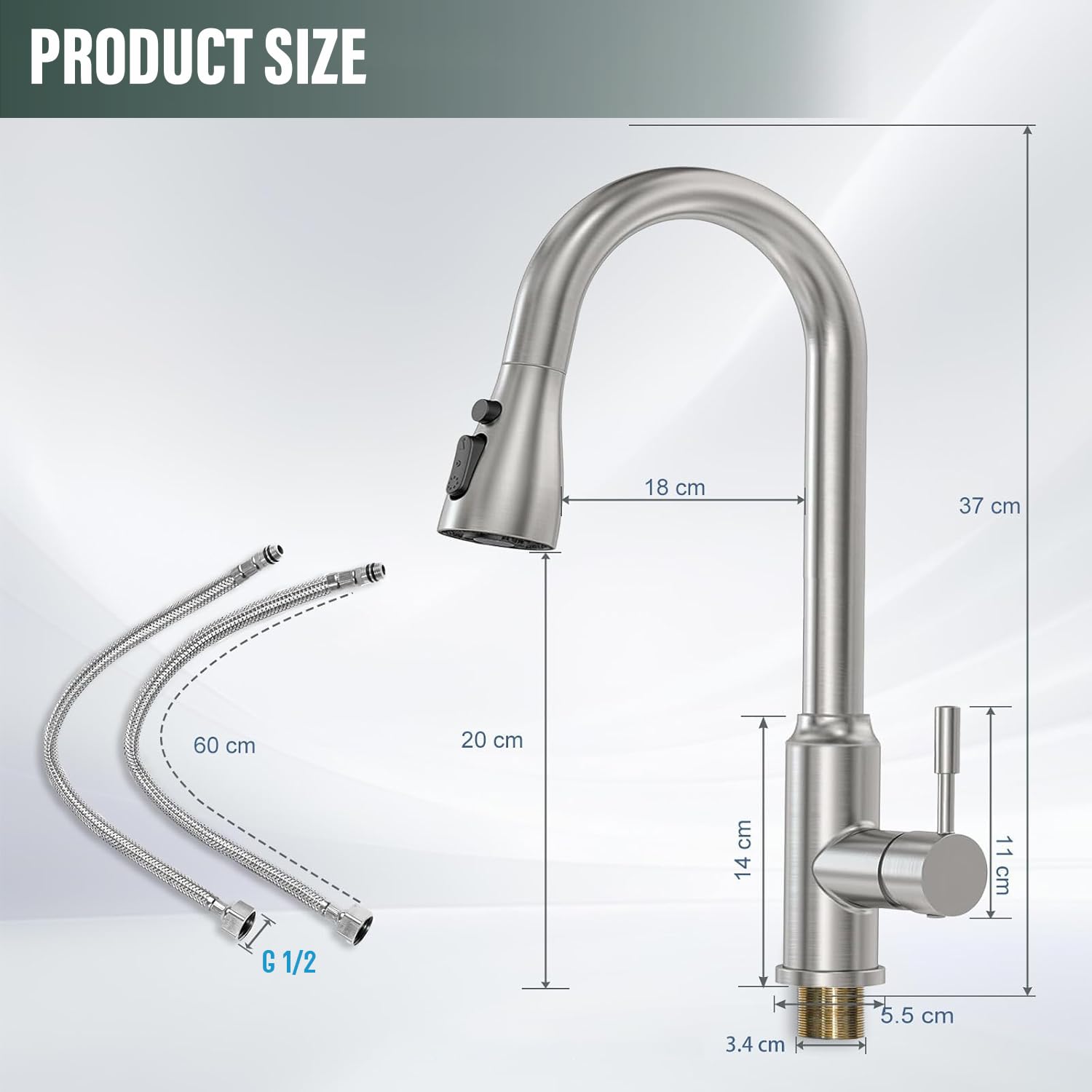 ModHm Pull-Out Kitchen Taps, Brushed Steel Single Handle High-Arc with Hot/Cold Dual Hose Kitchen Mixer Tap, Countertop 360° Swivel Dual Spray Modes Faucet, Easy Installation with Fittings Included