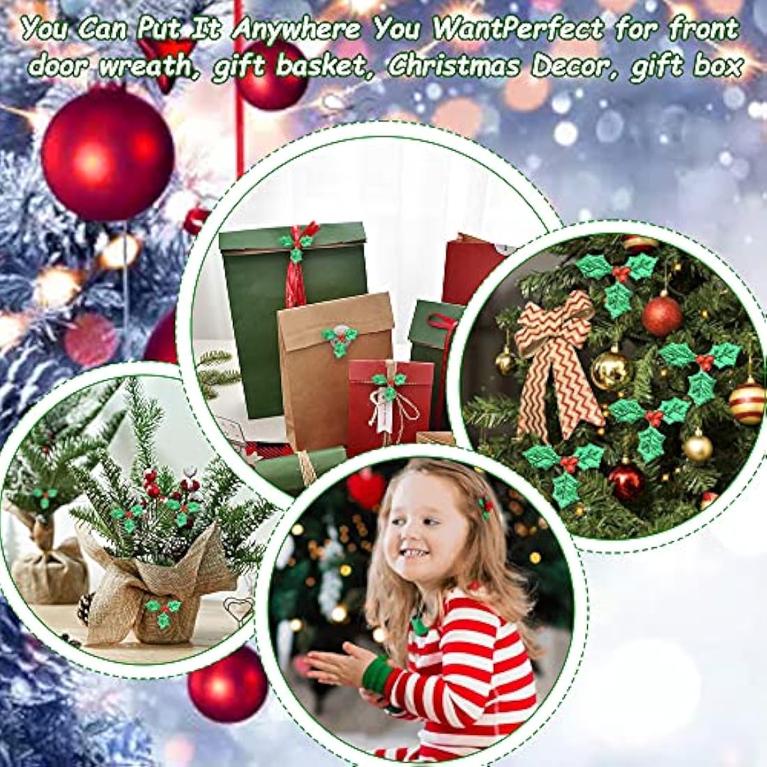 AFASOES 100 Pcs Artificial Holly Berry Leaves, Holly Leaves and Berries for Craft, Mini Triple Leaf Holly Berries Christmas Holly and Berry for Christmas Cake Topper Gift Box Decorations Crafts, 5cm