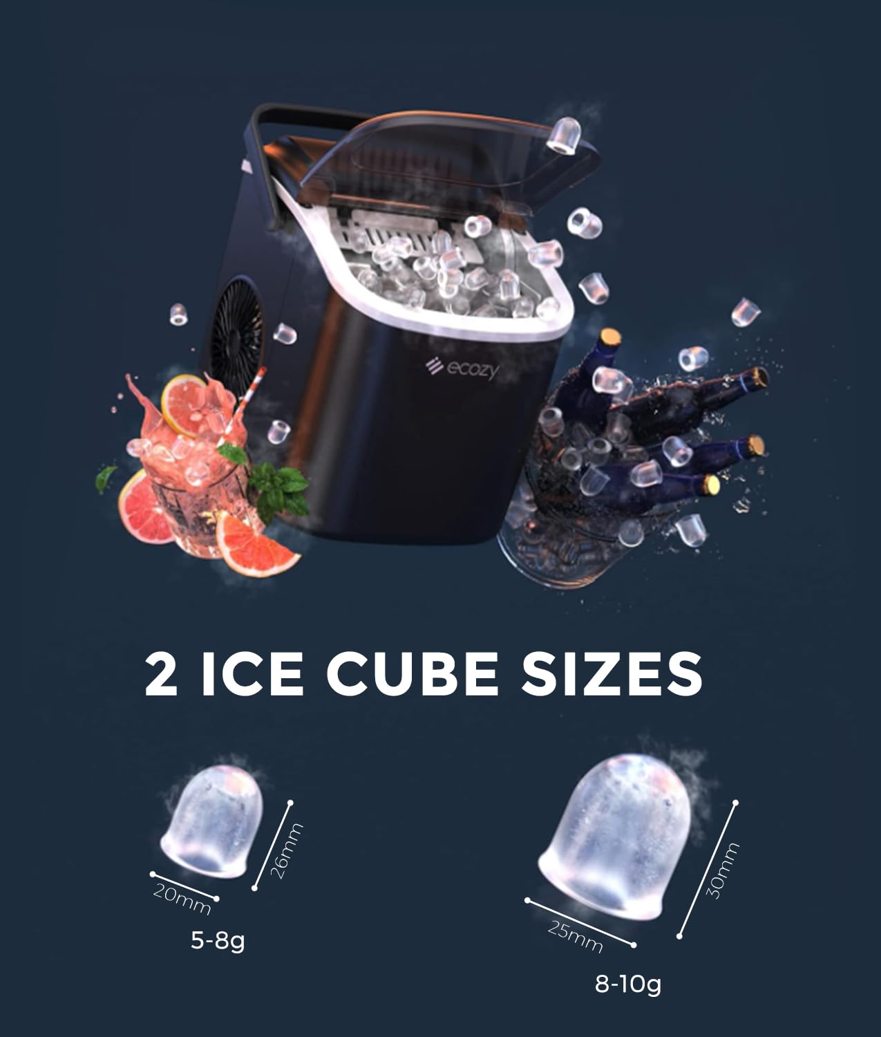 ecozy Ice Maker Machine, Portable Ice Machine, 9 Ice Cubes in 6 Mins, 12KG in 24Hrs, 2 Sizes of Ice, Self-Cleaning Ice Cube Maker, Countertop Ice Maker for Home/Office/Kitchen/Bar