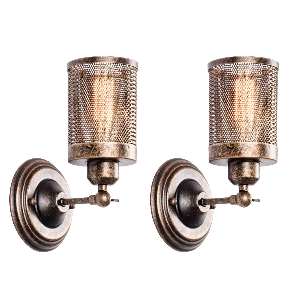 Industrial Wall Light 2 Pack, LULING Steampunk Metal Net Lampshade Interior Vintage Wall Lamp Adjustable Socket for Garage Gate Porch HallwayNO Bulb