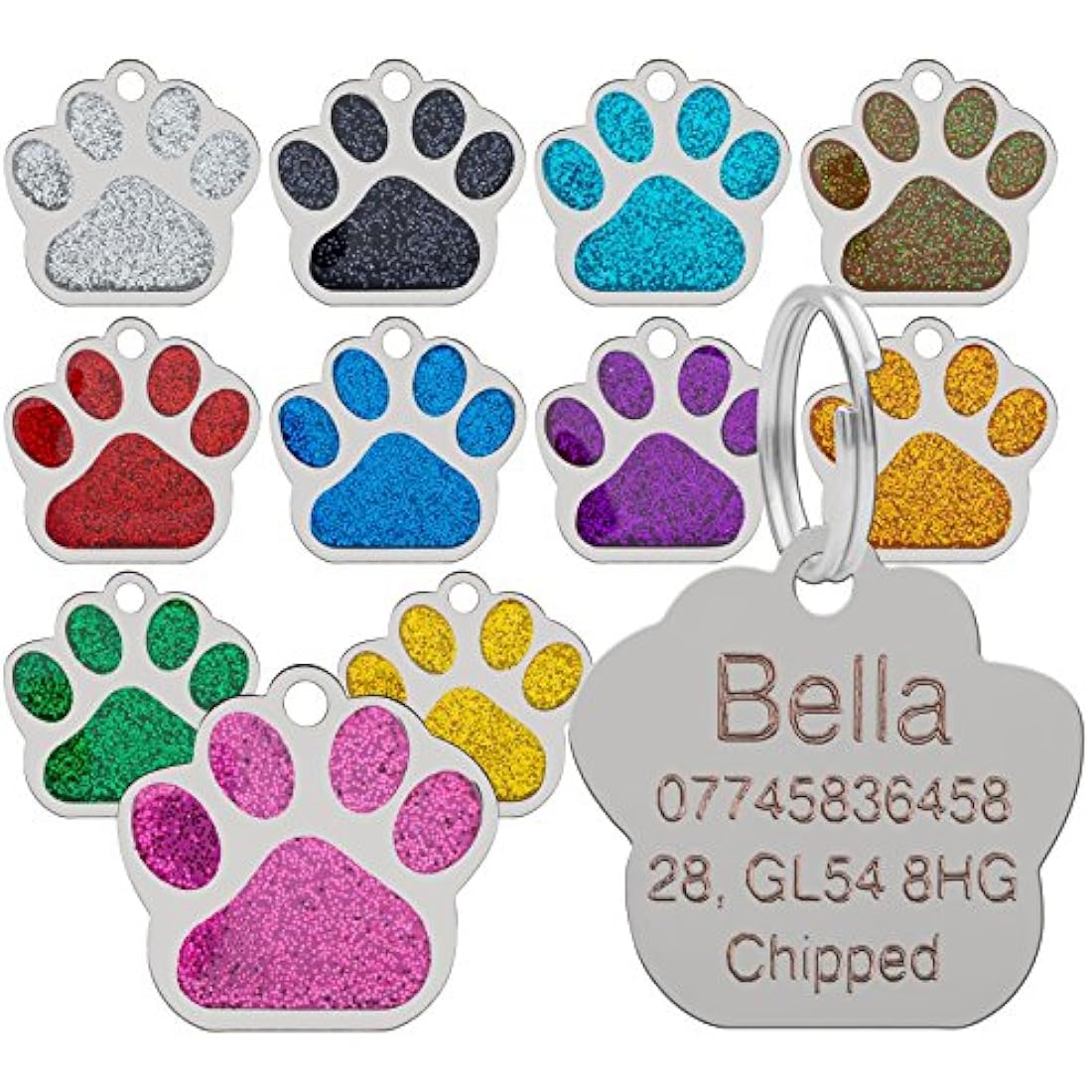 Dog Cat Pet Tag ID Collar Tags Personalised Engraved 27mm Glitter Paw Print (Blue)