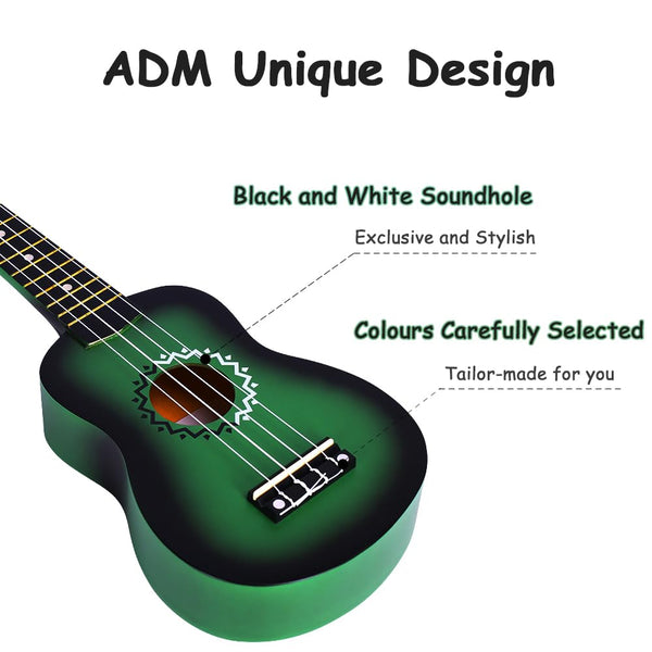 ADM Soprano Ukulele Set for Kids and Beginners, Ukulele Starter Kit with Bag, Clip-On Tuner, Rainbow Strings, Colourful Strap, Plectrum, Fingerboard Sticker, Chord Card (Dark Blue)