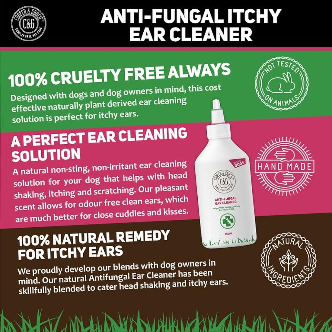 Dog Ear Cleaner Solution 250ML - Alternative to Dog Ear Drops for Infections, Itching & Odor by Cooper and Gracie | Relief from Yeast Infection, Mites, Anti-Viral Protection | Clean Healthy Ears