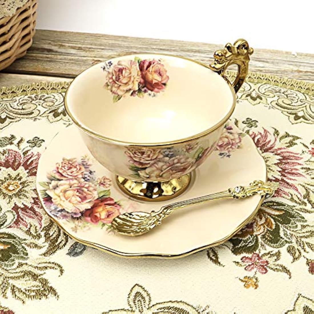 fanquare 15 Pieces British Royal Afternoon Tea Set, Floral Golden Porcelain Tea Cups and Saucers with Teapot, Elegant Wedding China Tea Service for Adults