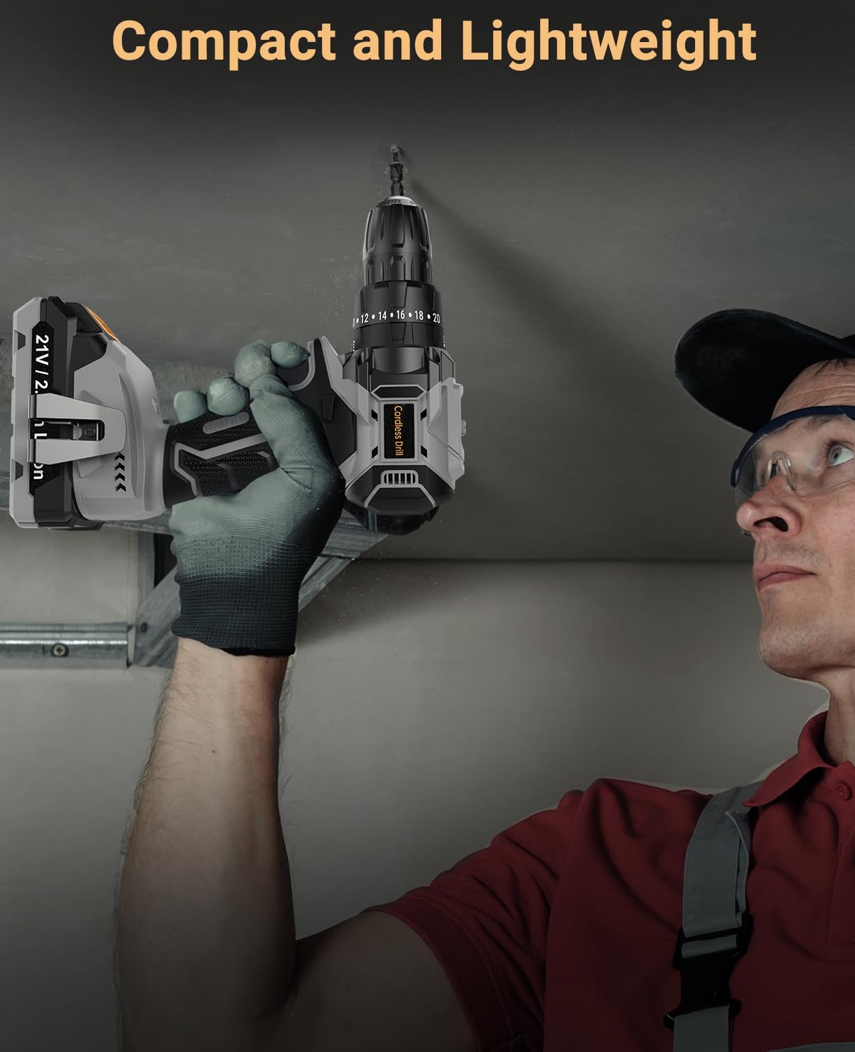 DYJPOW Brushless Cordless Hammer Drill Driver 21V, 2 Batteries 2000mAh, 20+3 Torque, 45N.m Max, 14PCS Drill Bits, 2 Speed, LED Light for Home, Garden DIY