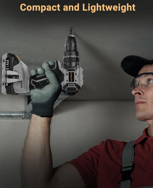 DYJPOW Brushless Cordless Hammer Drill Driver 21V, 2 Batteries 2000mAh, 20+3 Torque, 45N.m Max, 14PCS Drill Bits, 2 Speed, LED Light for Home, Garden DIY