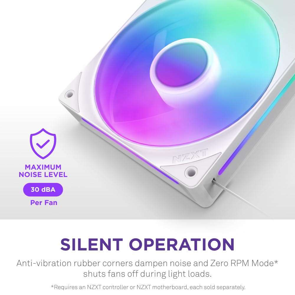 NZXT F420 RGB Core - 420mm Single-Frame Fan Unit with 3 x 140mm RGB Fans - Speed & Lighting Control - High Static Pressure & Airflow - Fluid Dynamic Bearings - 8 aRGB LEDs Per Fan - White