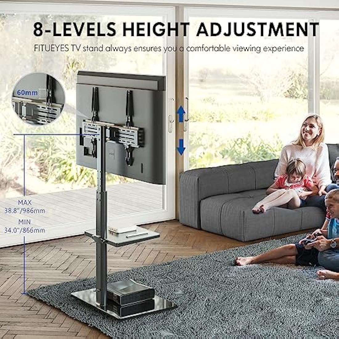 FITUEYES TV Floor Stand for 32 to 60 inch TVs, Floor Standing TV Stand with Adjustable Shelf, Swivel Bracket, Height Adjustable, Holds 30kgs, Max VESA 600x400mm Black