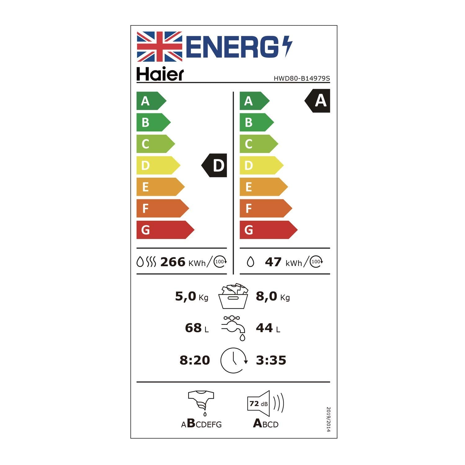 Haier I-Pro Series 7 Plus HWD100-BD14979NU1 Freestanding Washer Dryer, Max. cotton filling capacity 10 kg, 1400 RPM, Direct Motion Motor, Anti-Bacterial Treatment, White, 60x62x85 cm