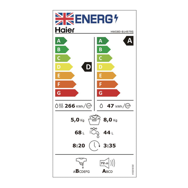 Haier I-Pro Series 7 Plus HWD100-BD14979NU1 Freestanding Washer Dryer, Max. cotton filling capacity 10 kg, 1400 RPM, Direct Motion Motor, Anti-Bacterial Treatment, White, 60x62x85 cm