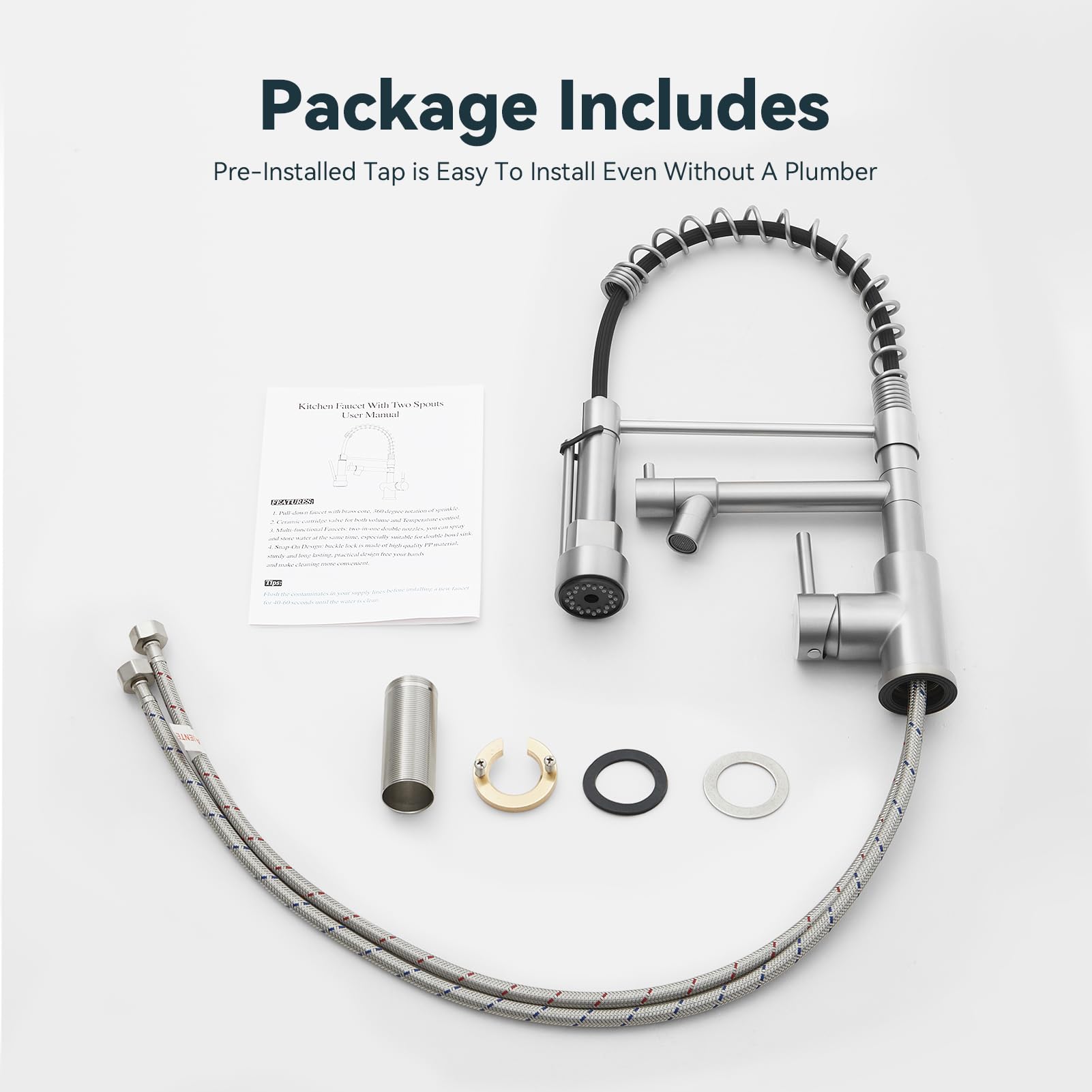 Warmiehomy 5 Modes Kitchen Taps Mixer with Pull Out Spray,High Arc 360° Swivel Dual Spout Pull Down Stainless Steel Kitchen Sink Taps,Brushed Nickel