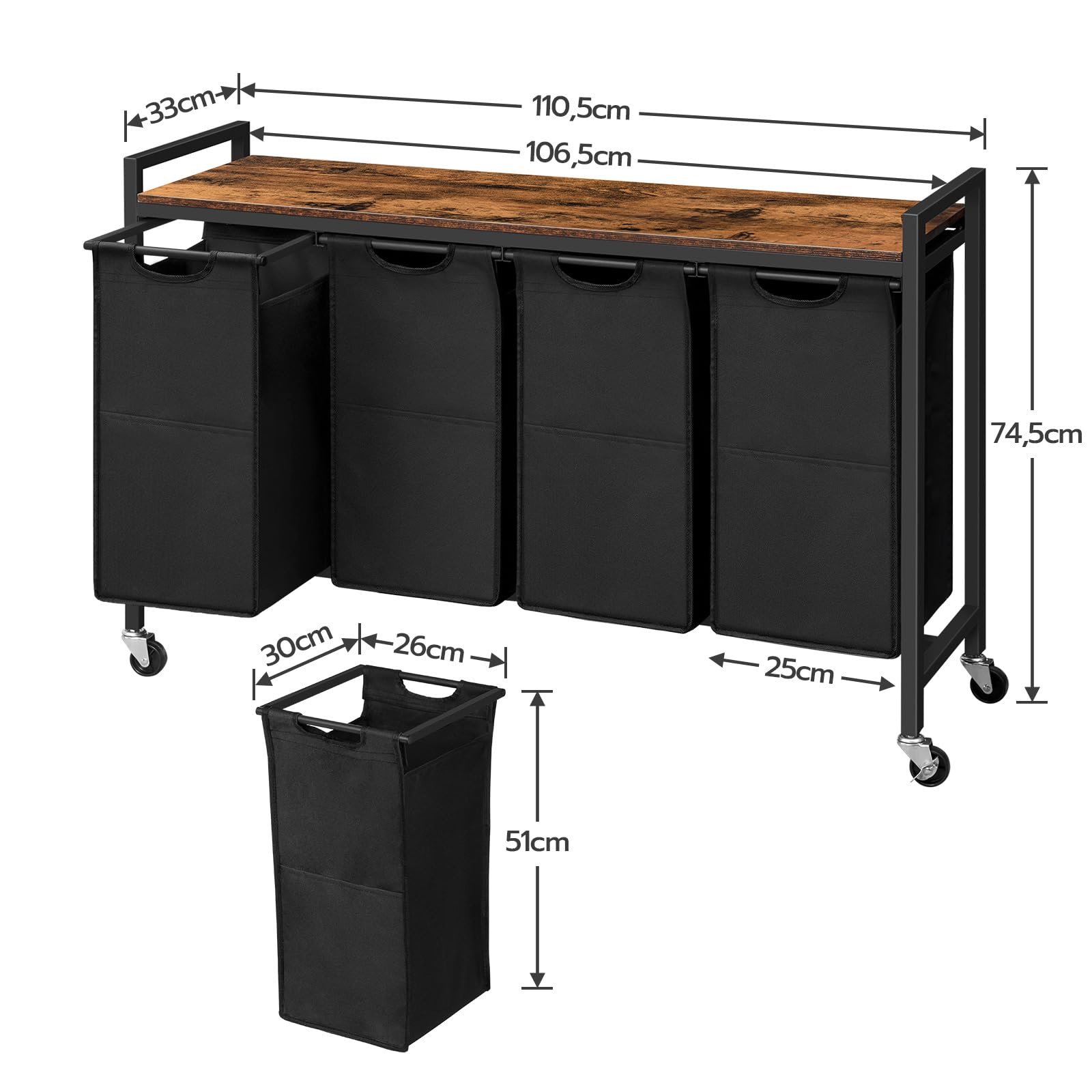 HOOBRO Laundry Basket, Laundry Sorter 4-Compartments, Rolling Laundry Cart with Shelves, Laundry Hamper, Pull-Out and Removable Bags, 4 x 39.8L,