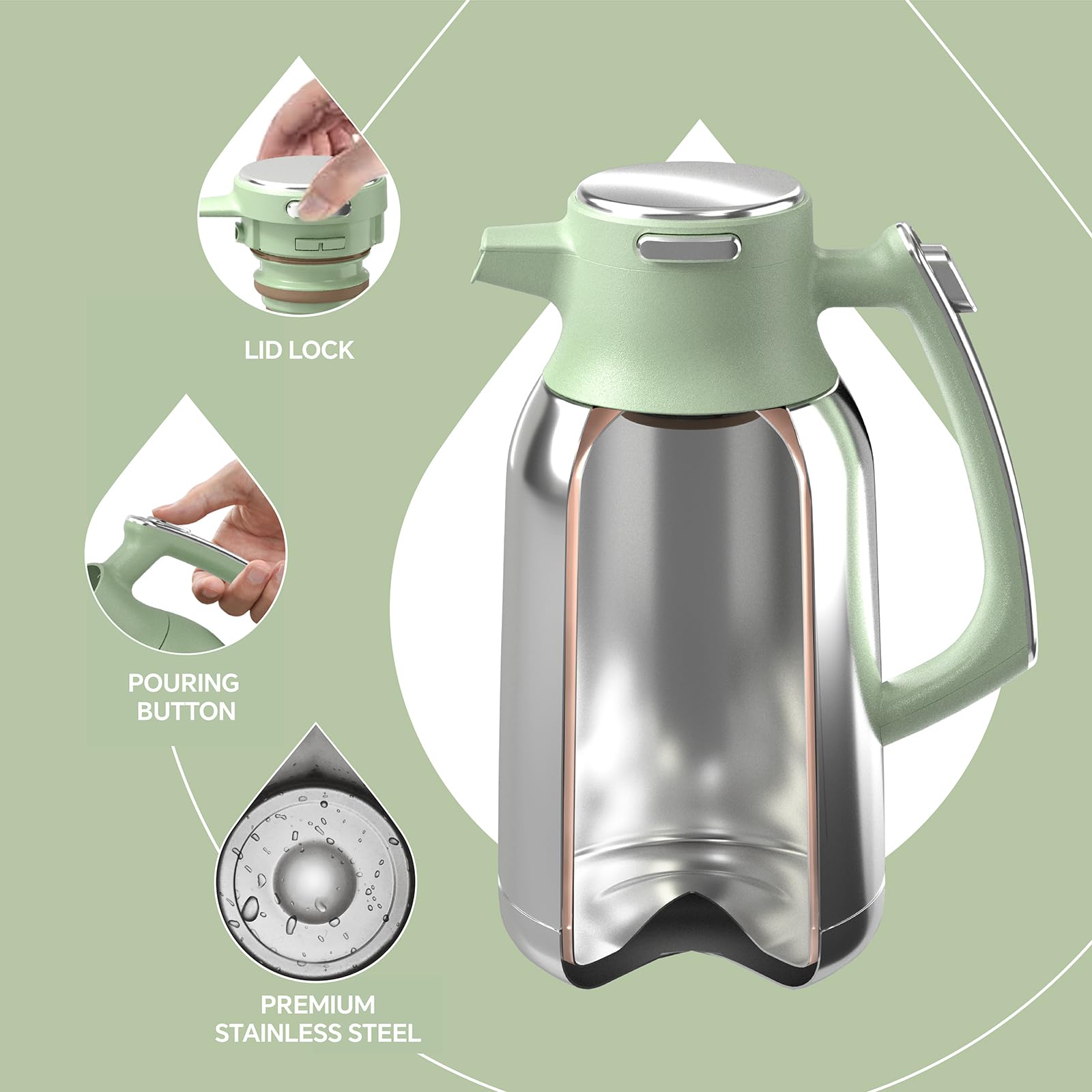IDEUS Vacuum Insulated Coffee Carafe, 68 oz (2 Liters) Stainless Steel Milk Jug Thermal Tea Pot Hot & Cold Water Beverage Dispenser (Avocado Green)