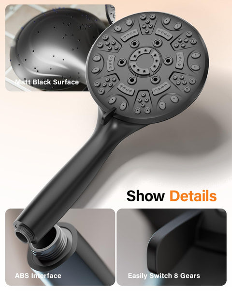 Cobbe High Pressure Shower Head with 8 Spray Modes, Powerful Water Saving Shower Head Set, Large Universal Flow Rain Showerhead for Low Water Pressure - Black