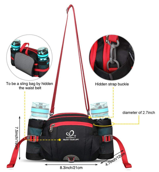 Waterfly Hiking Waist Pack Bum Bag Waist Bag with Bottle Holder Running Bag for Camping Climbing Travel Cycling and Dog Walking