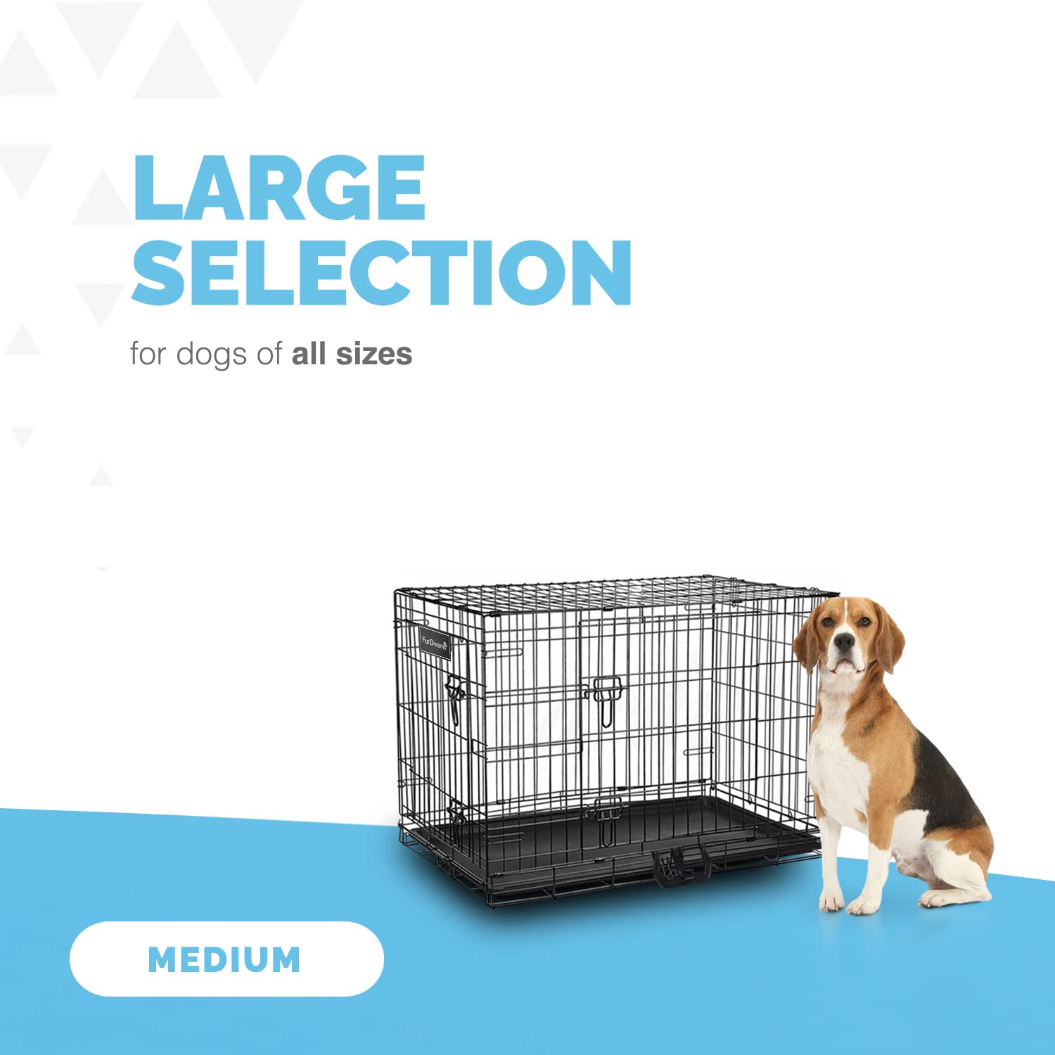 Furdreams 42-Inch Dog Cage Crate – Heavy Duty Black Metal Folding Crate with 2 Doors (Front & Side), Chew-Resistant Plastic Base Tray, and Carrier Handle – Ideal for Puppy Training (107 x 68.5 x 77cm)