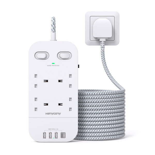 4 Way Surge Protected Extension Lead with USB Slots, HANYCONY Extension Cable with Double Switches, Plug Extension Socket 1.8M Braided Extension Cord for Home Office Accessories, Gray