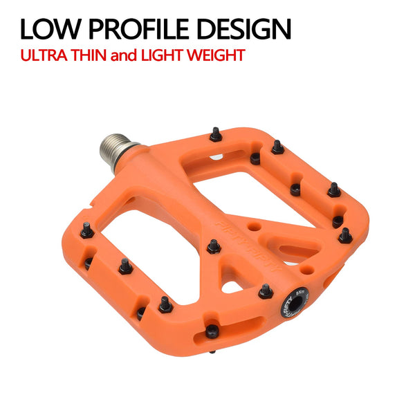 FIFTY-FIFTY Mountain Bike Pedals, Non-Slip MTB Nylon Composite, 9/16" Bicycle Pedals, Lightweight and Wide Flat Platform (Orange)