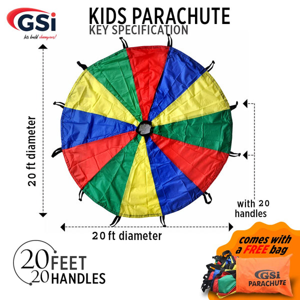 GSi Kids Play Parachute Rainbow Parachute Toy Tent Game for Children Gymnastic Cooperative Play and Outdoor Playground Activities (20 Feet)