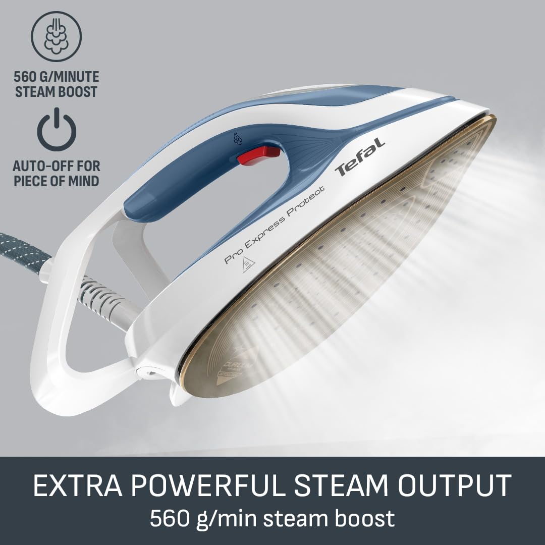 Tefal ProExpress Protect Steam Generator Iron, 7.5-Bar High Pressure, 560g/min Steam Boost, 135g/min Steam Output, No-Setting Technology, Anti-Drip Protection, 1.8 Litre, Blue & White,GV9224