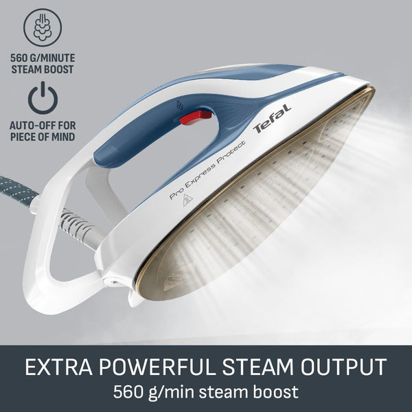 Tefal ProExpress Protect Steam Generator Iron, 7.5-Bar High Pressure, 560g/min Steam Boost, 135g/min Steam Output, No-Setting Technology, Anti-Drip Protection, 1.8 Litre, Blue & White,GV9224