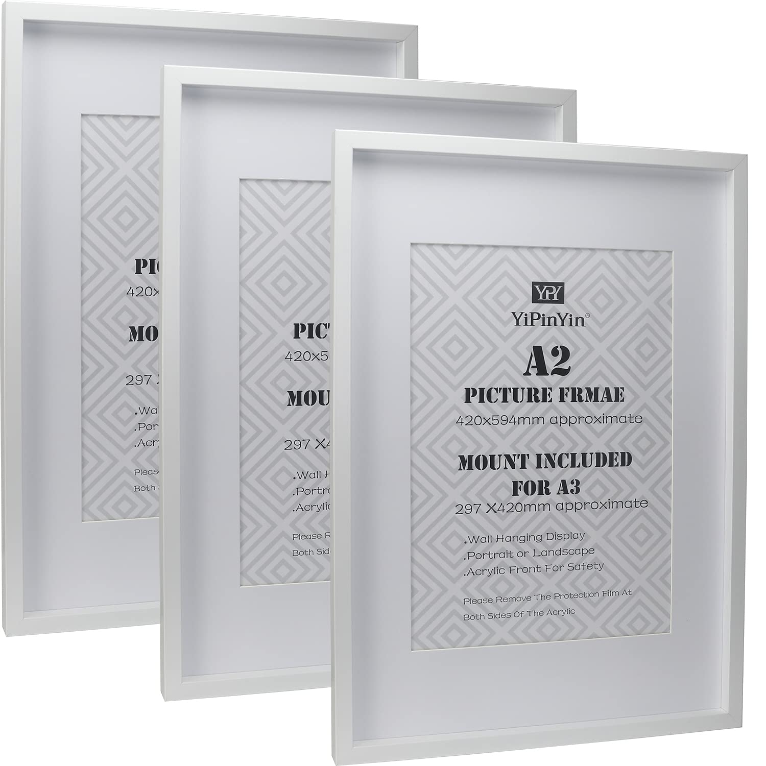 Black 50x70cm Boxed Picture Frames Set of 3 with Mounts for 40x60cm, 70x50cm poster frame with Acid Free mount for 40x60cm photo (Black 3Pack)