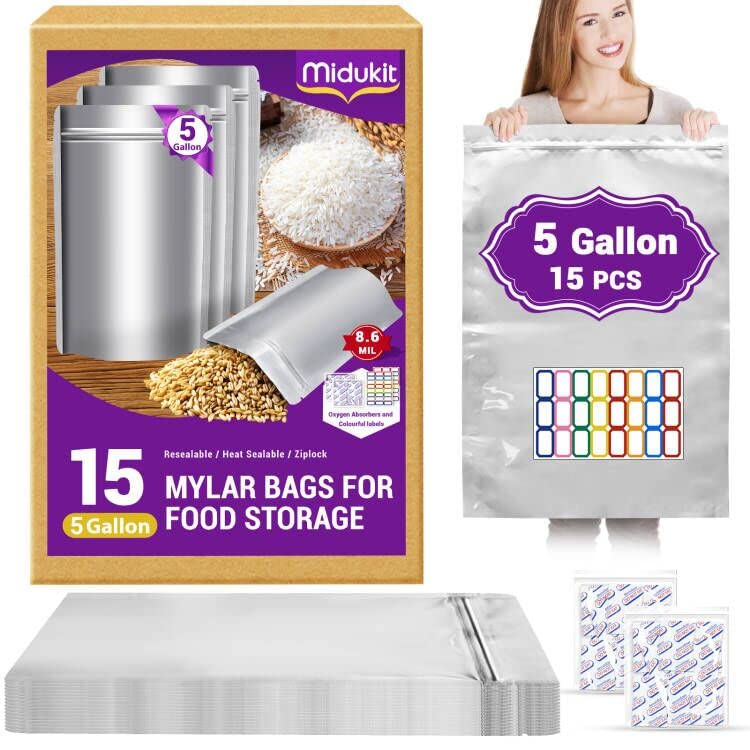 15PCS Mylar Bags for Food Storage 5 Gallon 17"x28" 8.6Mil, Mylar Bags with Oxygen Absorbers 40000cc + Labels Heat Sealable Resealable Ziplock for Long