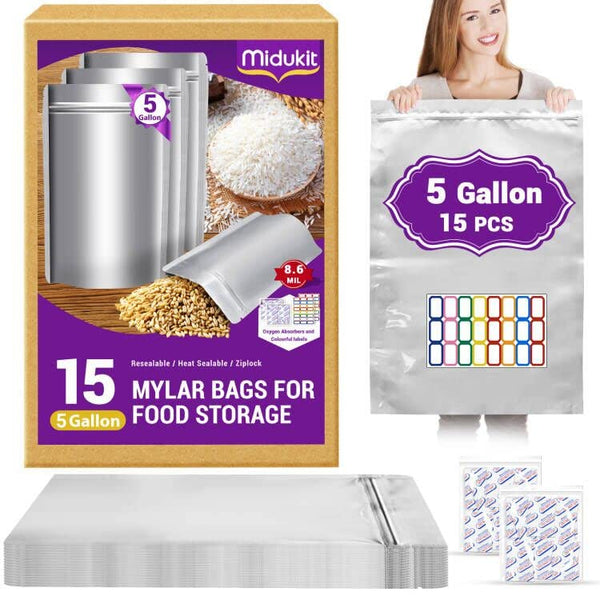 15PCS Mylar Bags for Food Storage 5 Gallon 17"x28" 8.6Mil, Mylar Bags with Oxygen Absorbers 40000cc + Labels Heat Sealable Resealable Ziplock for Long