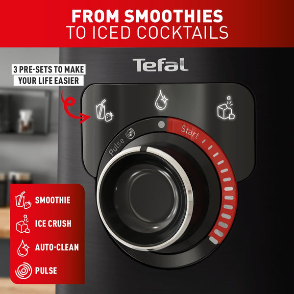 Tefal PerfectMix+ High-Speed Blender, 2L Lightweight Tritan Jar, Durable Titanium Powelix Blades, 1200W, Powerful Blending, Smoothie, Soup, Auto Clean Program, Dishwasher-Safe Parts, Black, BL88A840
