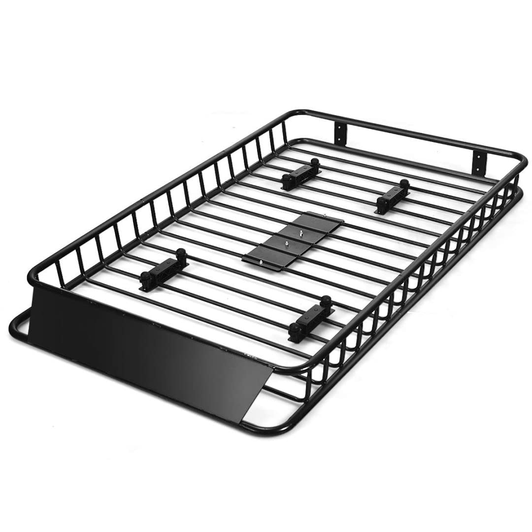 Roof Rack Basket Tray, Steel Luggage Cargo Carrier with Bars & Wind Fairing, Rooftop Luggage Holder for Car SUV Truck Jeep (116-162x99x15cm, 113kg Capacity)