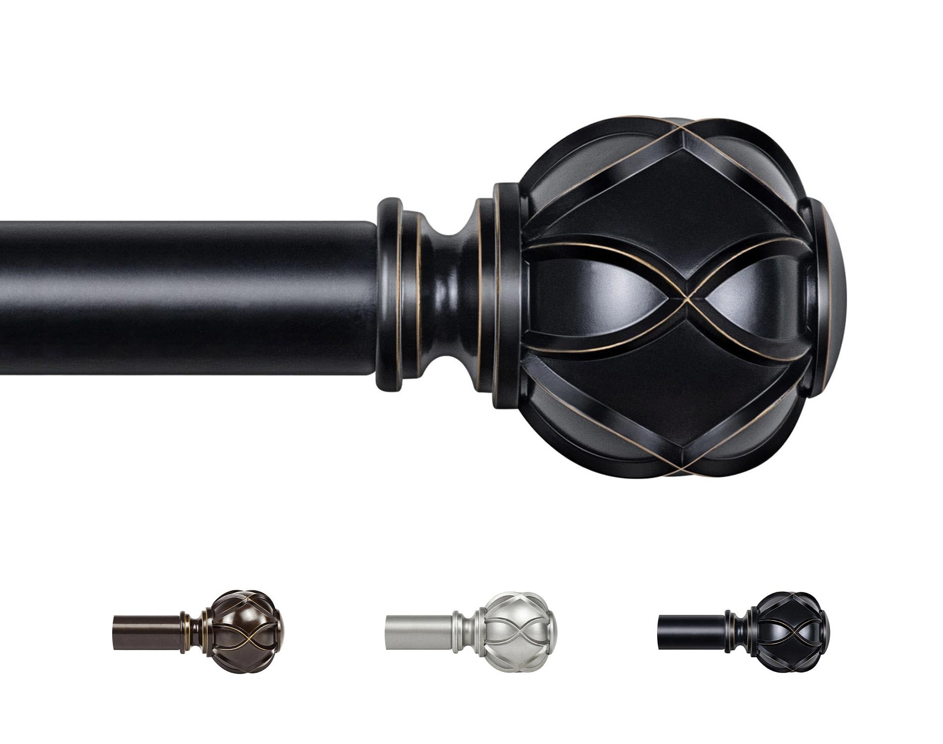 KAMANINA Black Curtain Poles for Eyelet Curtains, Adjustable Curtain Pole 80 to 365 cm, 22 mm Diameter Single Curtain Rod with Netted Texture Finials,