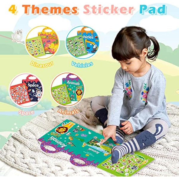 GUYUCOM 4 Pack Reusable Sticker Books, Toys for Age 3 4+ Year Old Kids Boys Girls Toddlers, 3D Clear Animal Space Vehicles Dinosaur Sticker Book Educational Learning Toy Birthday Gifts