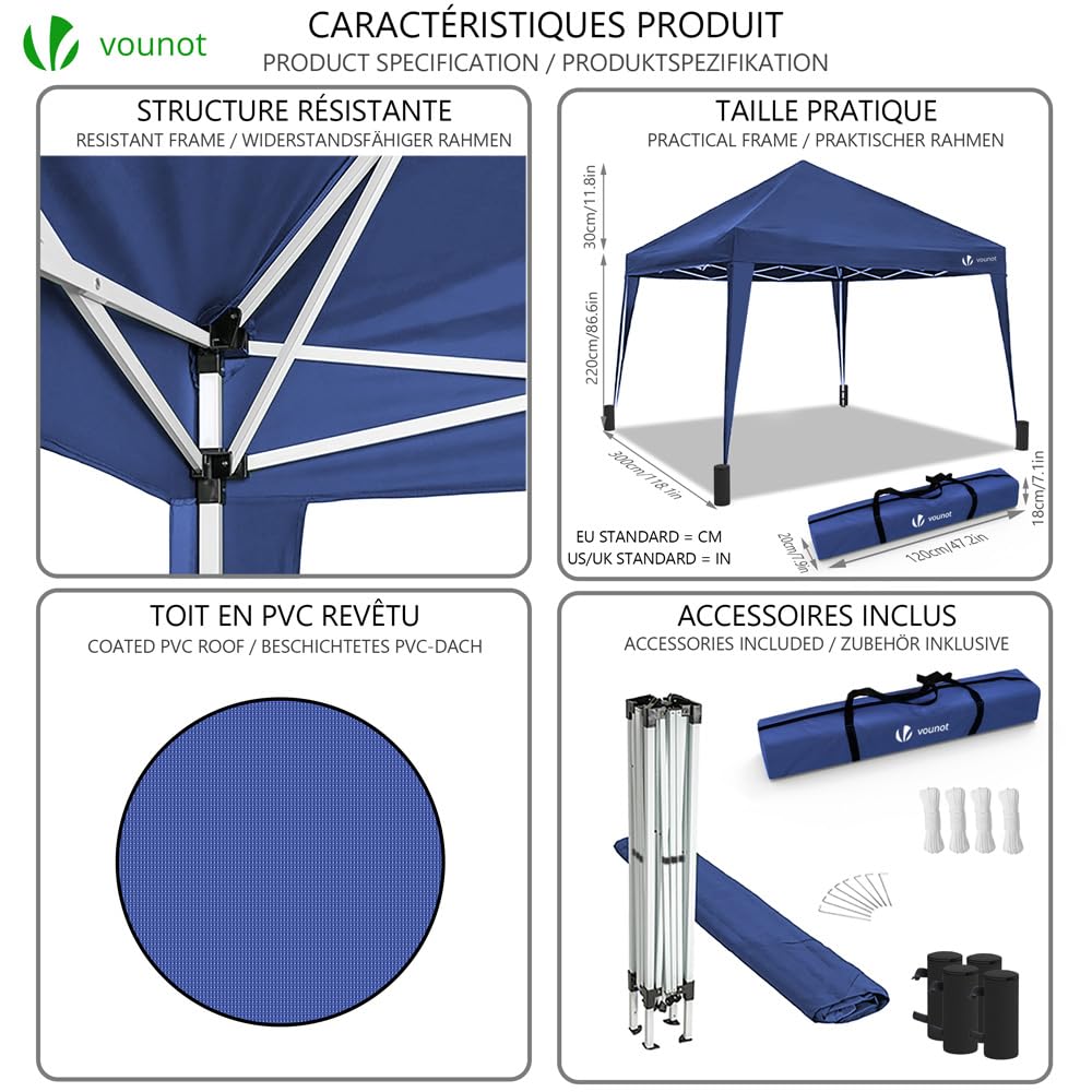 VOUNOT 3m x 3m Pop Up Gazebo with Sides & 4 Weight Bags & Carry Bag, Marquee Garden Party Tent Outdoor, Grey