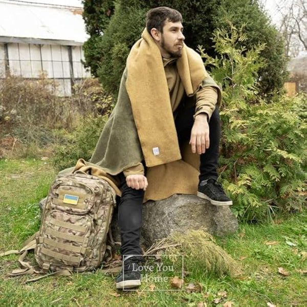 LYHome Travel Blanket - Extra Warm Picnic Throw, Bed Camping Outdoor Wool Blankets, Cozy Soft Throws, Military Army and Garden Outside Use (59x84 in | 150x215 cm | Mustard - Olive Green Double-sided)
