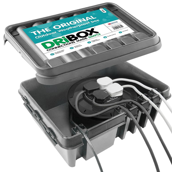 DRiBOX – Large IP55 Weatherproof Outdoor Electrical Connection Box 40 x 31 x 14.5cm – Power Cord Enclosure for Christmas Lights, Timers, Extension Cables, Leads, Reels, Transformers (Large, Black)